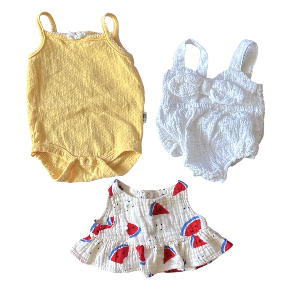 Cat & Jack Rabbit Bear Yellow and White Onesies and Watermelon Ruffle Top Bundle